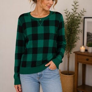 Emily Daniels Green Black Buffalo Plaid Sweater Size L Cozy Crewneck Pullover